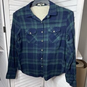 Anthropologie Love Notes Womens Flannel w/‎ Fleece Back Plaid Blue Green Sz Med